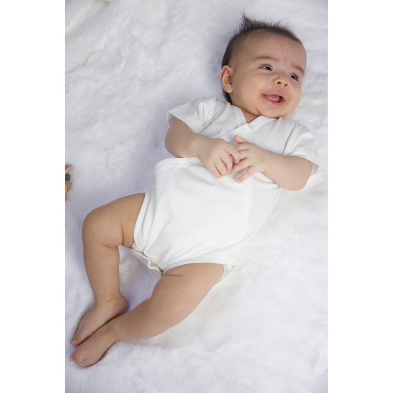 Baby wearing Organic Onesie Basic Kimono - White Short Sleeve
